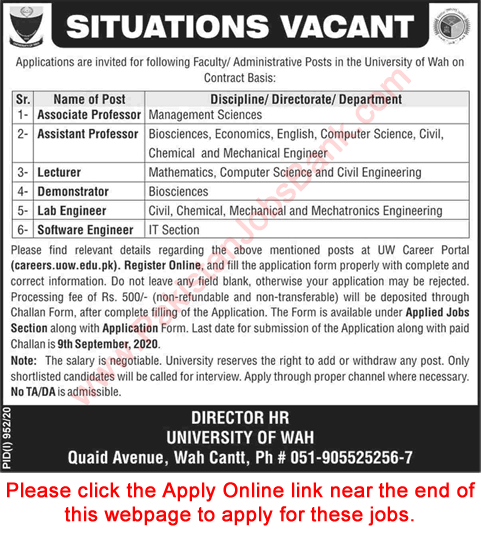 University of Wah Jobs August 2020 UOW Apply Online Teaching Faculty & Others Latest