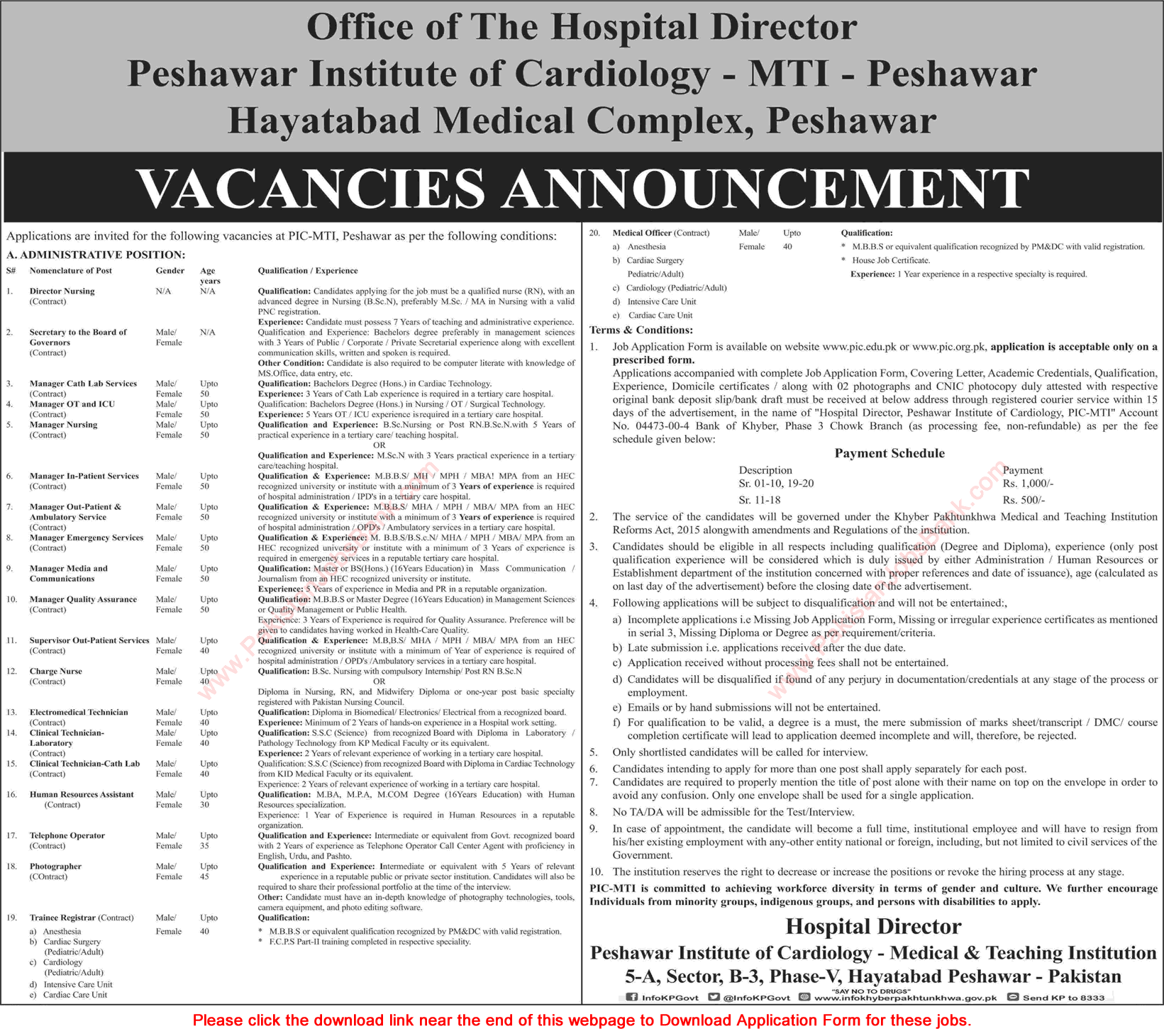 Peshawar Institute of Cardiology Jobs August 2020 September MTI Application Form Download Latest