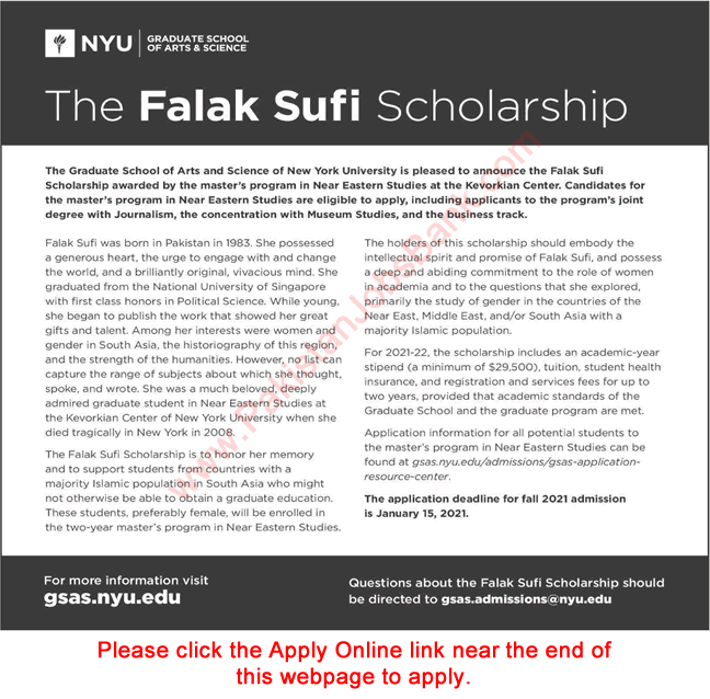 Falak Sufi Scholarship 2020 September for Master's Program Apply Online Latest