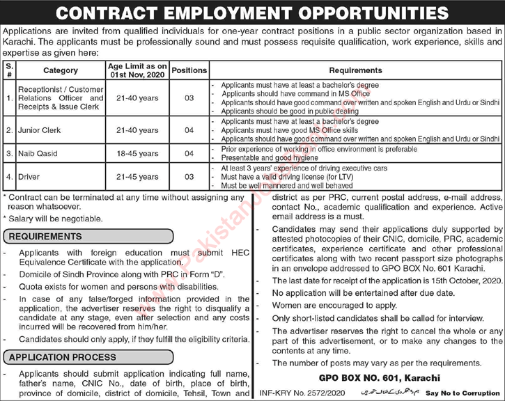 GPO Box No. 601 Karachi Jobs September 2020 Public Sector Organization Latest