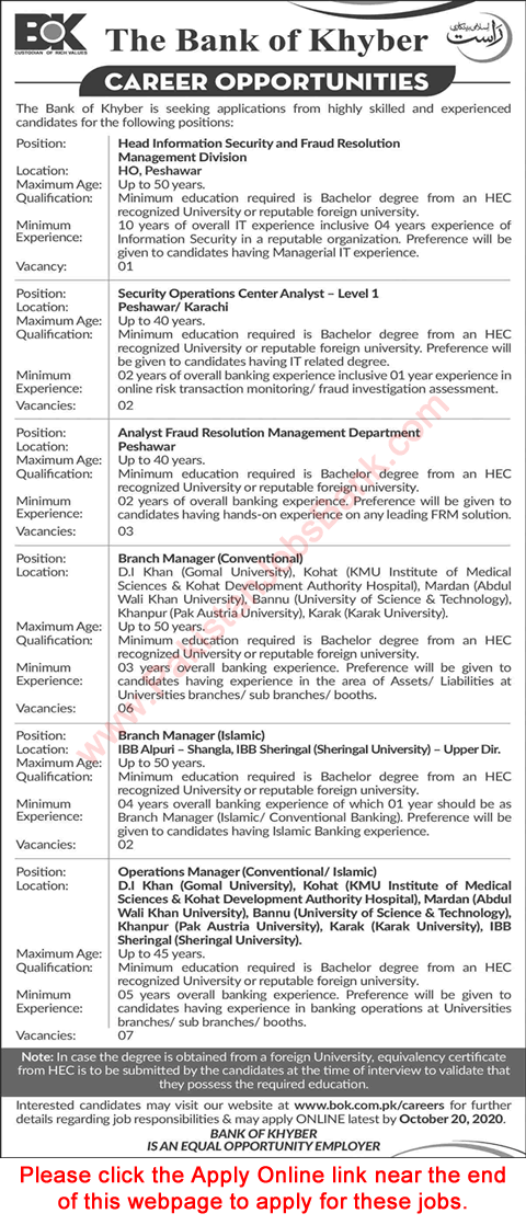 Bank of Khyber Jobs October 2020 Apply Online Branch / Operation Managers & Others Latest
