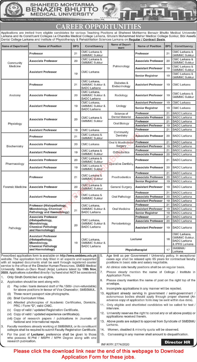 Shaheed Mohtarma Benazir Bhutto Medical University Jobs October 2020 SMBBMU Application Form Latest