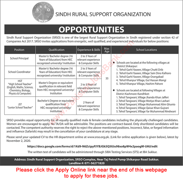 Sindh Rural Support Organization Jobs 2020 October SRSO Apply Online Teachers & Others Latest