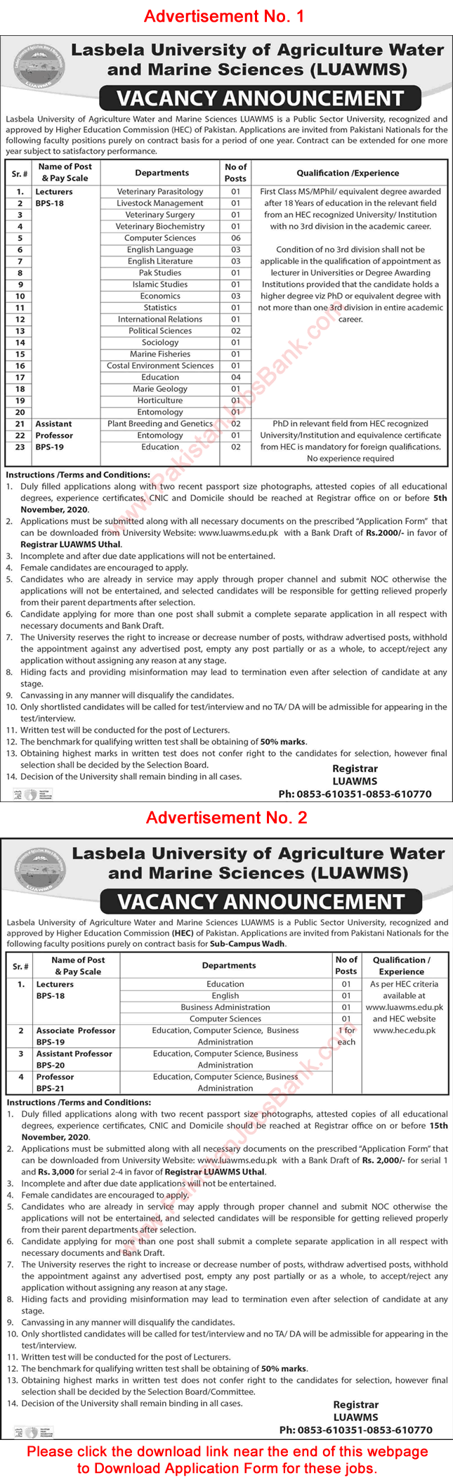 Teaching Faculty Jobs in LUAWMS University October 2020 Application Form Latest