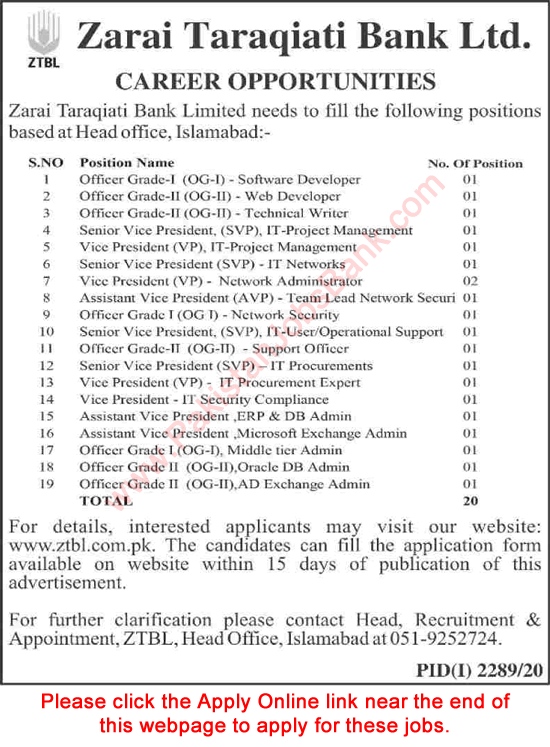 ZTBL Jobs November 2020 Apply Online Zarai Taraqiati Bank Limited Latest
