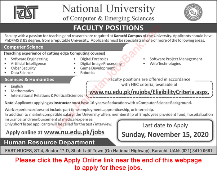 FAST National University Karachi Jobs November 2020 Apply Online Teaching Faculty NUCES Latest