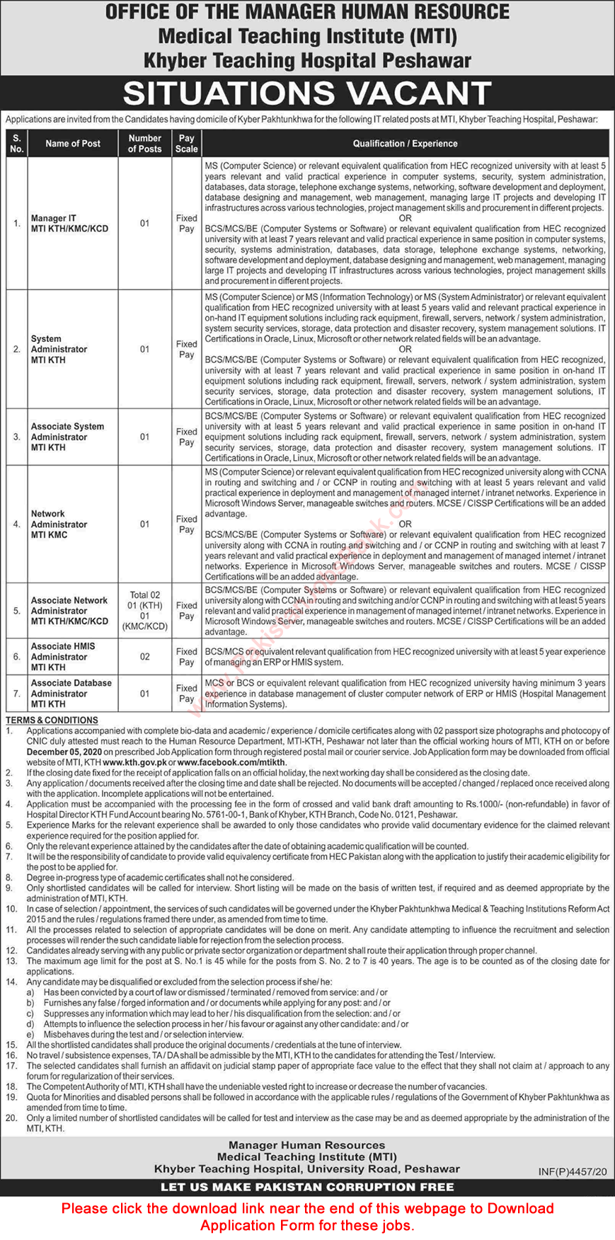 Khyber Teaching Hospital Peshawar Jobs 2020 November Application Form MTI KTH Latest