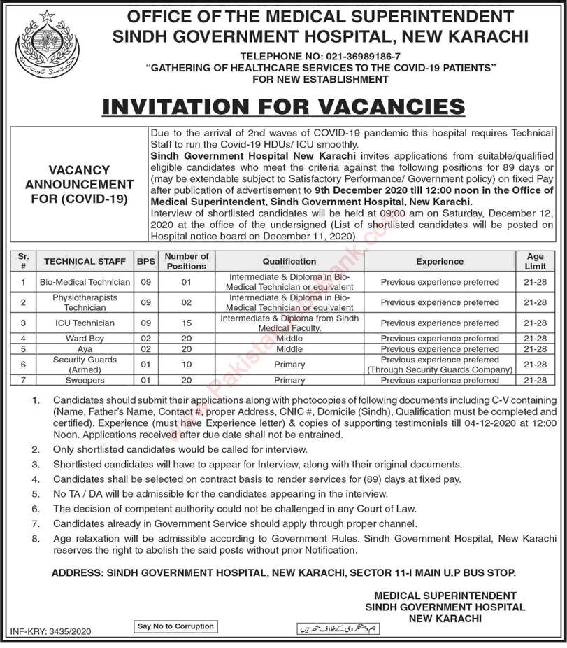 Sindh Government Hospital New Karachi Jobs 2020 December Sweepers, Ward Boys, Aya & Others Latest
