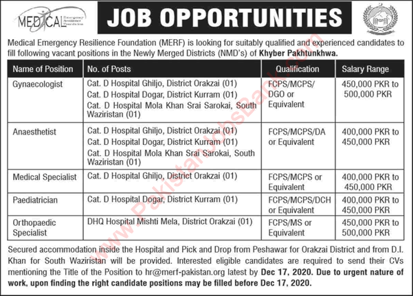 Specialist Doctor Jobs in MERF Pakistan December 2020 Medical Emergency Resilience Foundation Latest