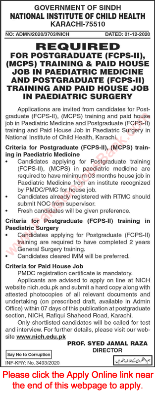 National Institute of Child Health Karachi Postgraduate / House Job Training 2020 December Apply Online Latest
