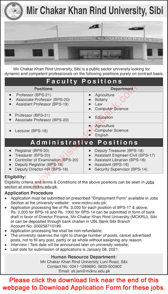 Mir Chakar Khan Rind University Sibi Jobs December 2020 Application Form Teaching Faculty & Others Latest