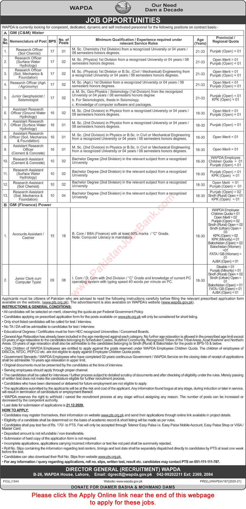 WAPDA Jobs December 2020 PTS Apply Online Clerks, Accounts Assistants, Research Officers & Others Latest
