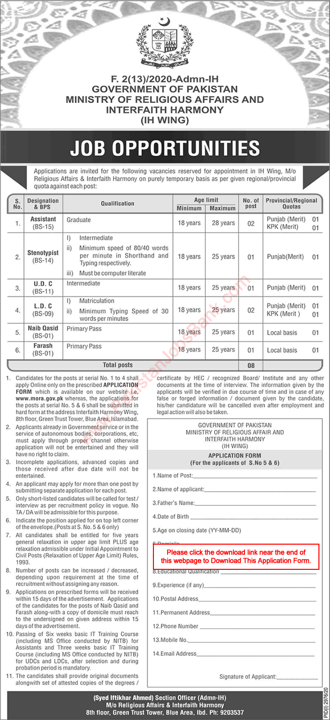 Ministry of Religious Affairs Islamabad Jobs December 2020 Application Form Clerks & Others Latest