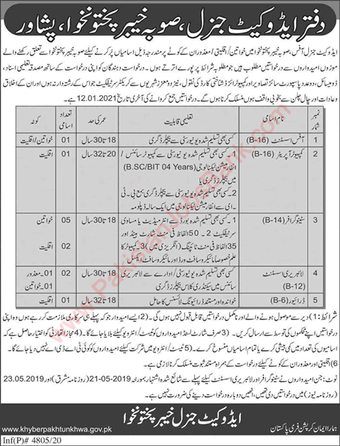 Advocate General Office KPK Jobs 2020 December Stenographers & Others Latest