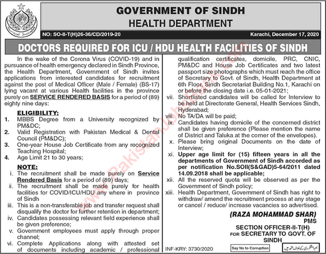 Medical Officer Jobs in Health Department Sindh December 2020 ICU / HDU Facilities Latest