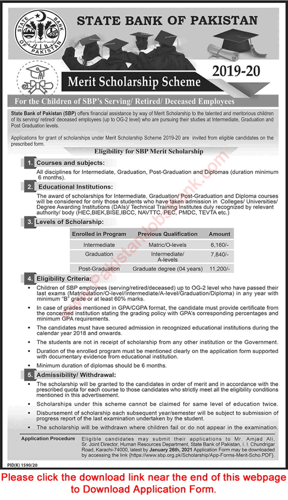 State Bank of Pakistan Merit Scholarship Scheme 2019-20 Application Form for SBP Employees Children Latest