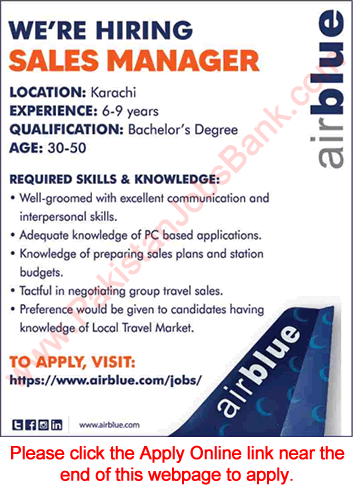 Sales Manager Jobs in Air Blue Airline 2021 January Apply Online Latest