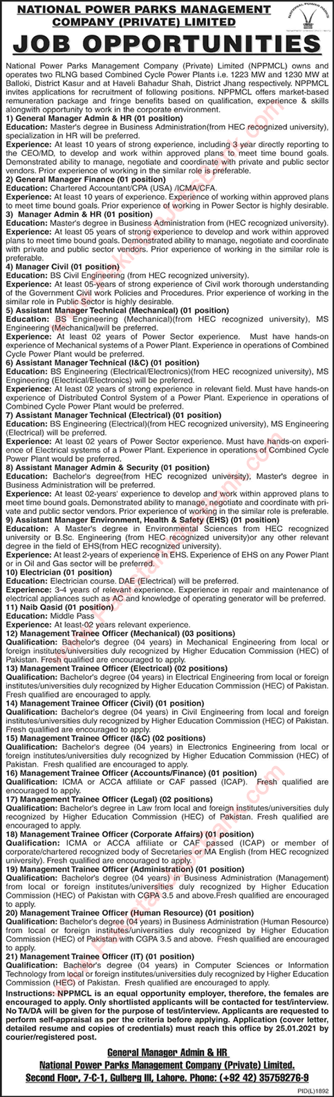 National Power Parks Management Company Jobs 2021 Management Trainee Officers & Others NPPMCL Latest
