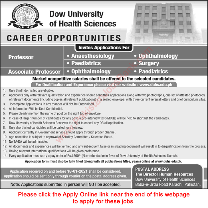 Teaching Faculty Jobs in Dow University of Health Sciences Karachi 2021 DUHS Apply Online Latest