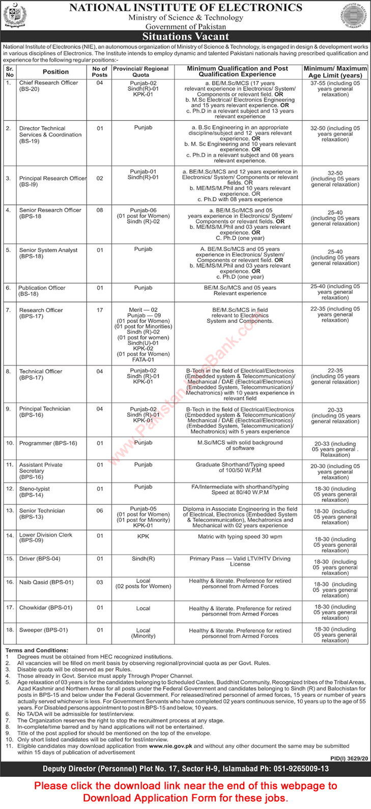 National Institute of Electronics Islamabad Jobs 2021 NIE Application Form Research Officers & Others Latest
