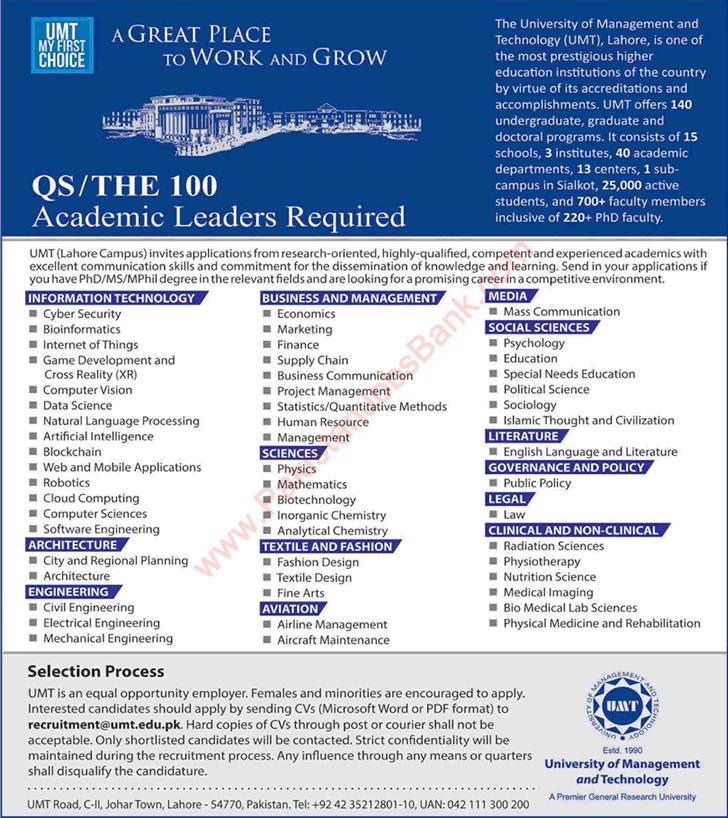 UMT Lahore Jobs 2021 Teaching Faculty University of Management and Technology Latest
