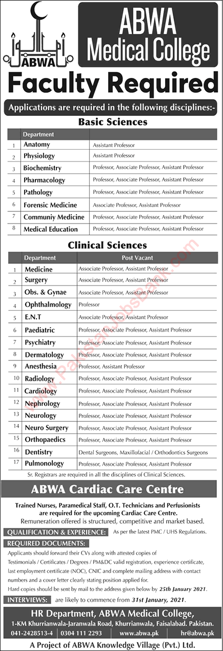 ABWA Medical College Faisalabad Jobs 2021 Teaching Faculty & Others Latest