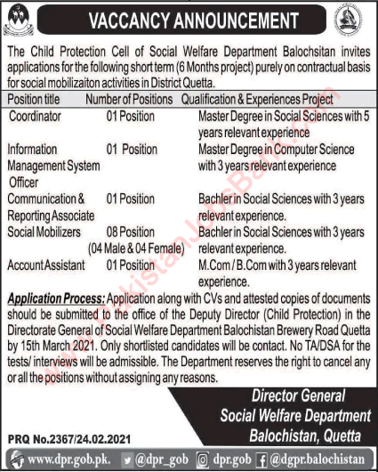 Social Welfare Department Balochistan Jobs 2021 February Quetta Social Mobilizers & Others Latest