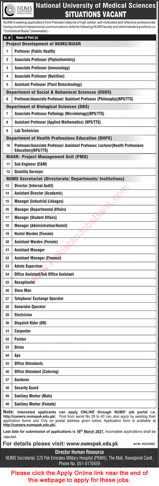 NUMS University Rawalpindi Jobs 2021 February / March Apply Online Teaching Faculty & Others Latest