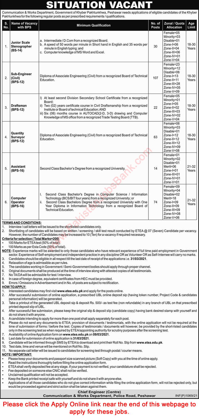 Communication and Works Department KPK Jobs 2021 March ETEA Apply Online Sub Engineers & Others Latest