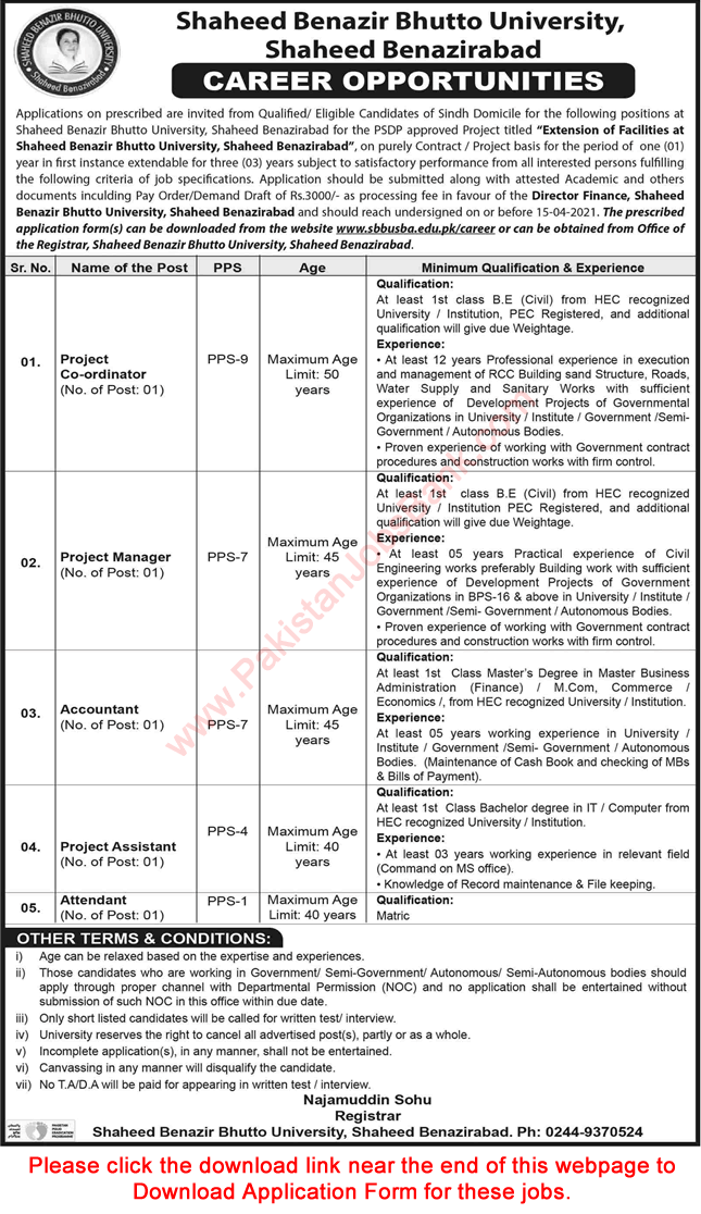 Shaheed Benazir Bhutto University Shaheed Benazirabad Jobs 2021 March Application Form SBBU Latest