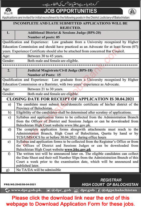 Civil / Session Judge Jobs in Balochistan High Court 2021 April BHC Application Form Latest