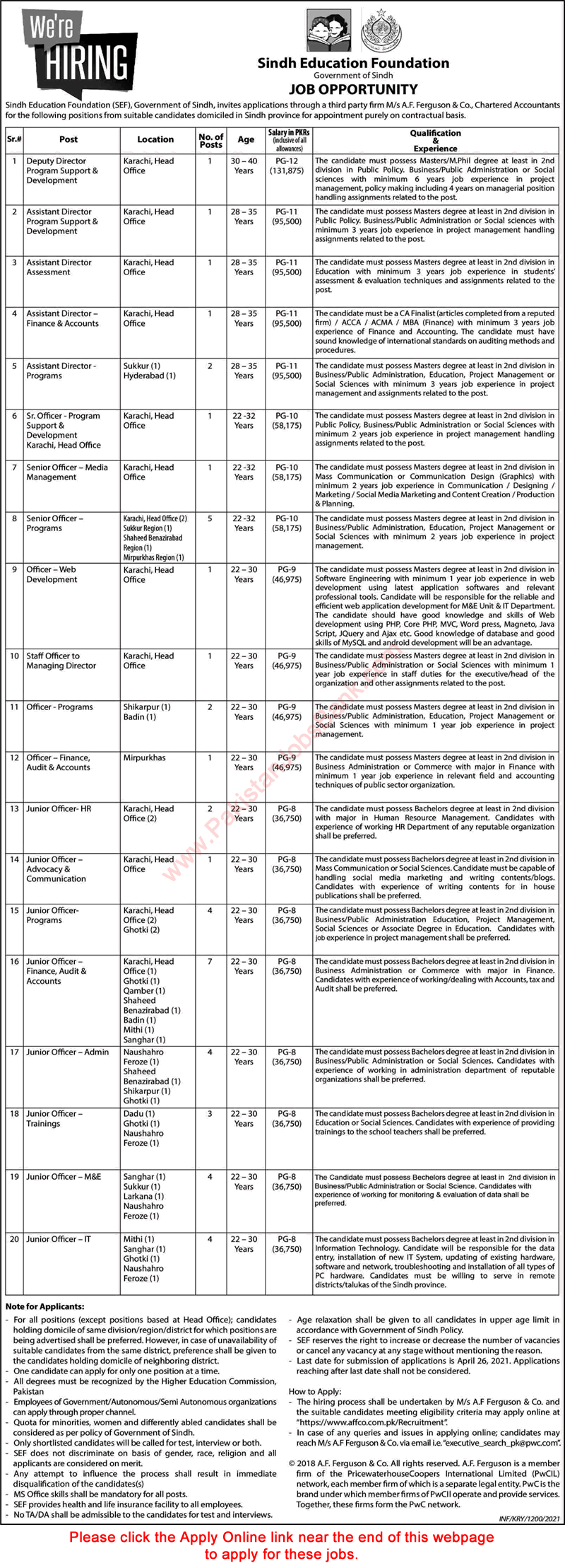 Sindh Education Foundation Jobs 2021 April SEF Apply Online Junior Officers & Others Latest