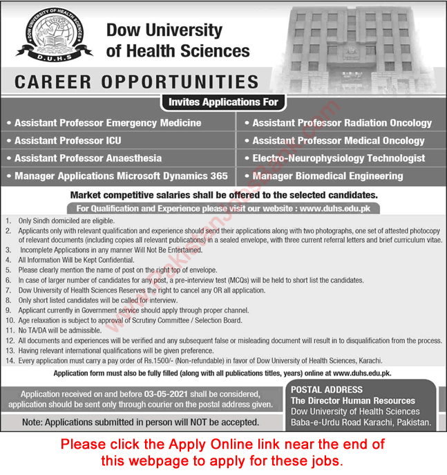 Dow University of Health Sciences Karachi Jobs April 2021 Apply Online Teaching Faculty & Others Latest