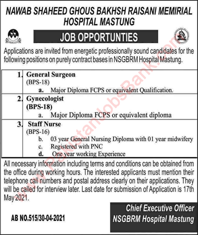 Nawab Shaheed Ghous Bakhsh Raisani Memorial Hospital Mastung Jobs 2021 May Staff Nurse & Others Latest