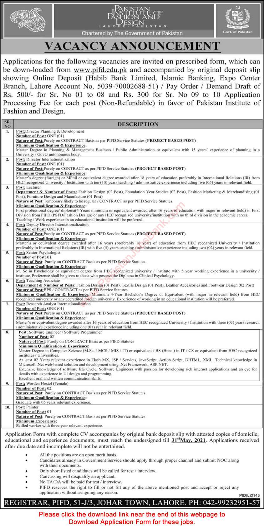 Pakistan Institute of Fashion and Design Lahore Jobs May 2021 PIFD Application Form Latest