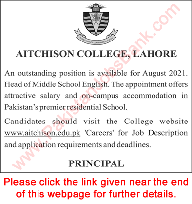 School Head Jobs in Aitchison College Lahore 2021 May Latest