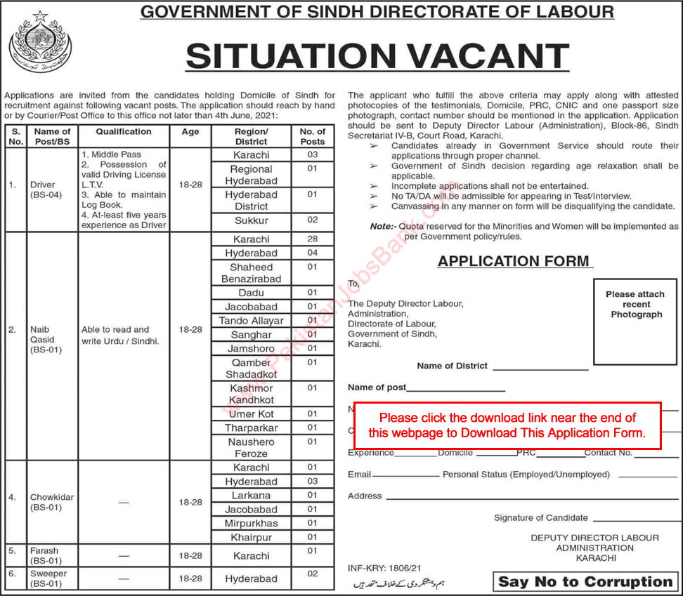 Directorate of Labour Sindh Jobs 2021 May Application Form Naib Qasid & Others Latest