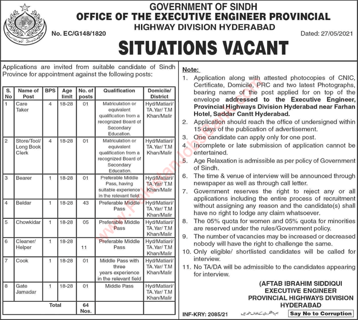 Provincial Highways Division Hyderabad Jobs 2021 May / June Baildar, Cleaners & Others Latest