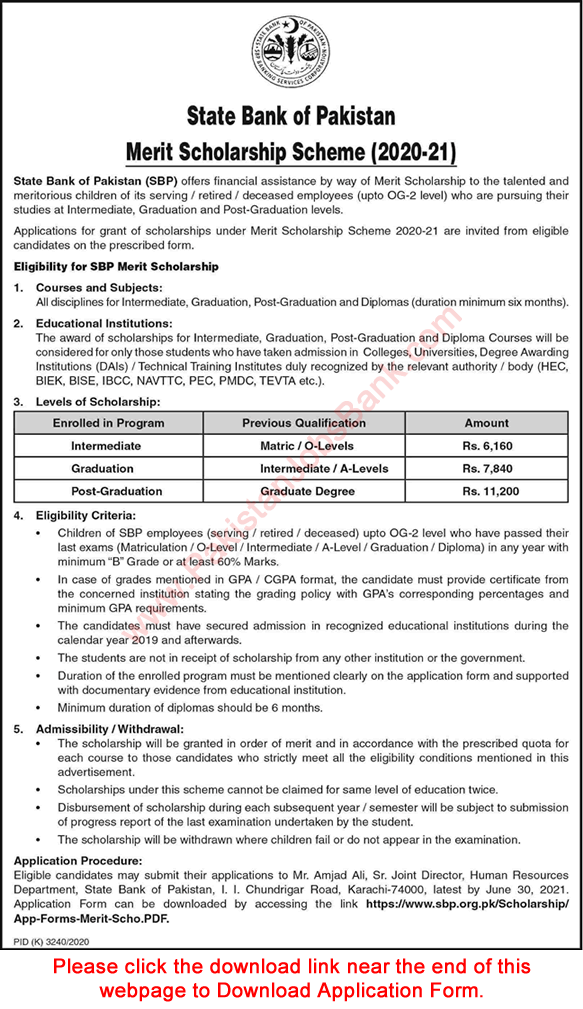State Bank of Pakistan Merit Scholarship Scheme 2020-21 Application Form for SBP Employees Children Latest