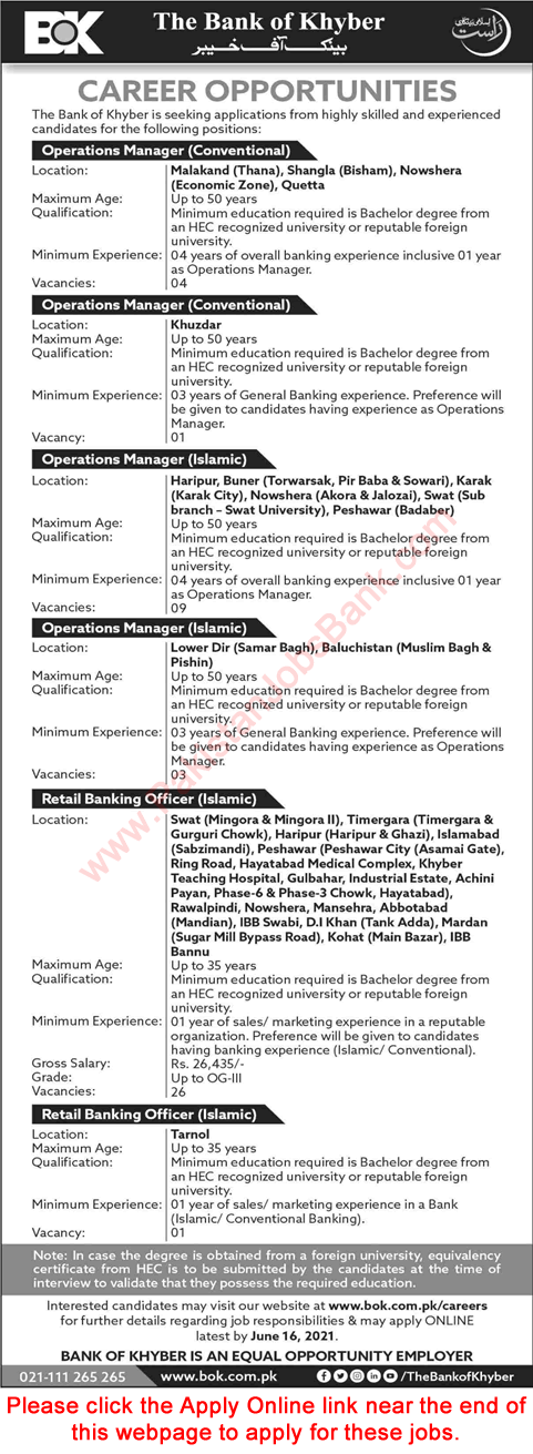 Bank of Khyber Jobs June 2021 BOK Apply Online Retail Banking Officers & Operations Managers Latest