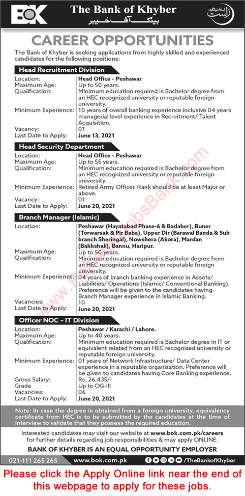 Bank of Khyber Jobs June 2021 BOK Apply Online Branch Managers & Others Latest