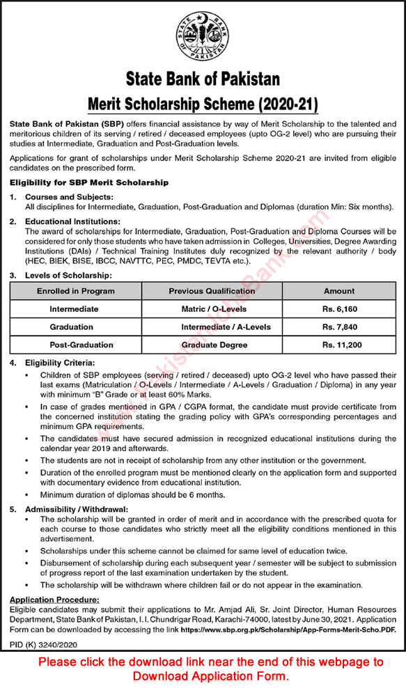 State Bank of Pakistan Merit Scholarship Scheme 2020-21 Application Form for SBP Employees Children Latest
