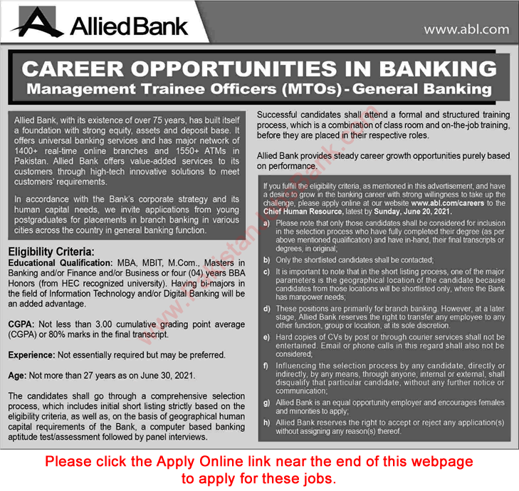Allied Bank Jobs June 2021 Apply Online Management Trainee Officers MTO ABL Latest