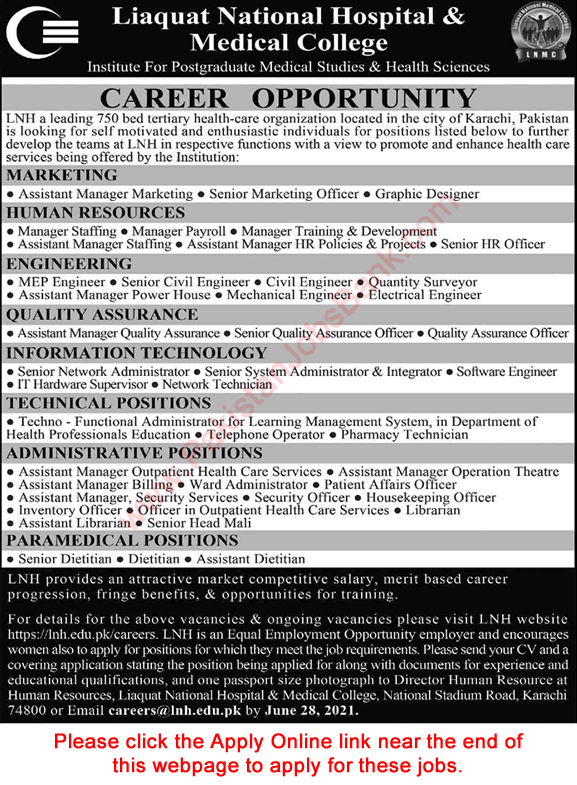 Liaquat National Hospital Karachi Jobs June 2021 Apply Online Assistant Managers & Others Latest