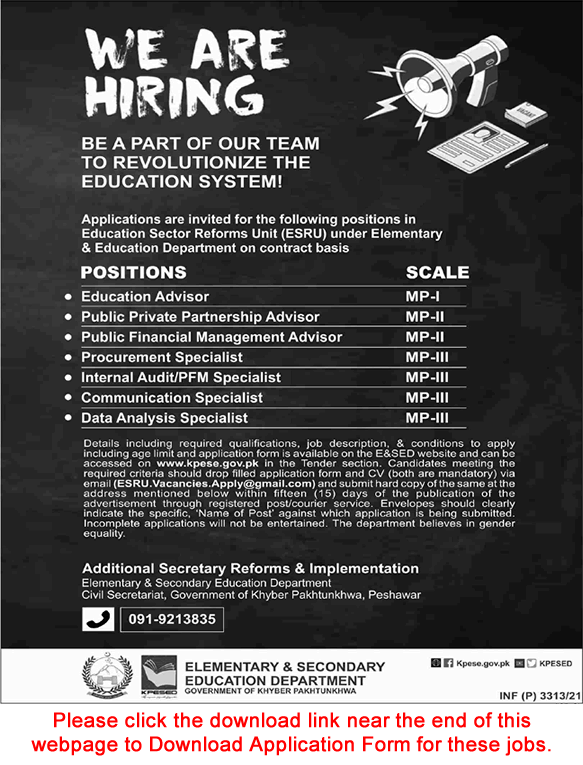 Elementary and Secondary Education Department KPK Jobs June 2021 Application Form Education Sector Reform Unit Latest
