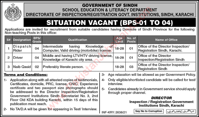 School Education and Literacy Department Sindh Jobs June 2021 July Naib Qasid & Others Latest