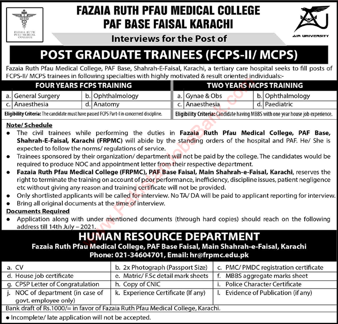 Fazaia Ruth PFAU Medical College Karachi FCPS / MCPS Postgraduate Training July 2021 Latest