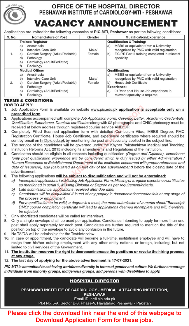 Peshawar Institute of Cardiology Jobs July 2021 Application Form Medical Officers & Trainee Registrars Latest