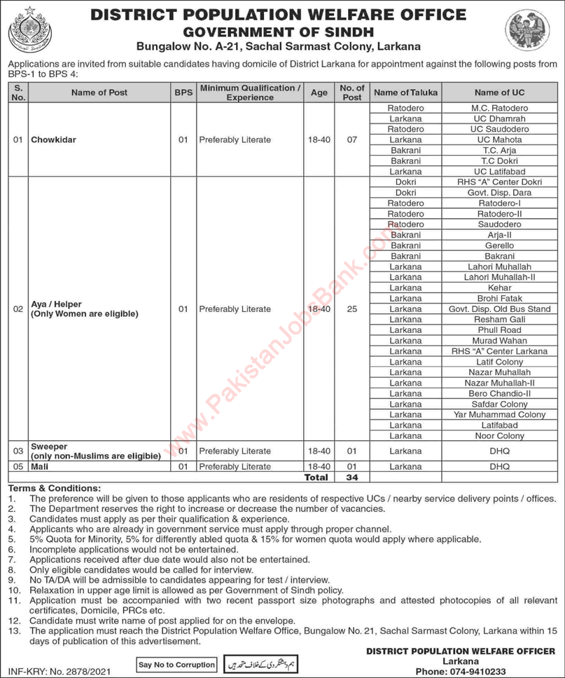 Population Welfare Department Sindh Jobs July 2021 Larkana Aya / Helpers, Chowkidar & Others Latest