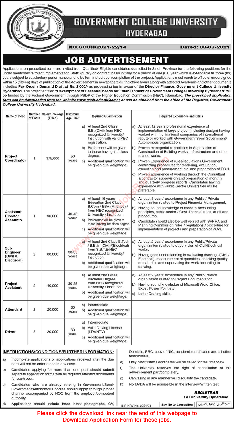 Government College University Hyderabad Jobs 2021 July GCU Application Form Project Assistants & Others Latest